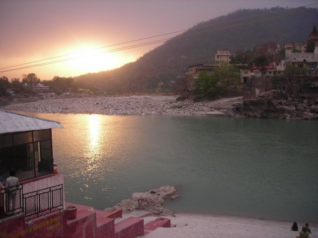 sunset in Rishikesh over the Ganga from the roof of my Ashram