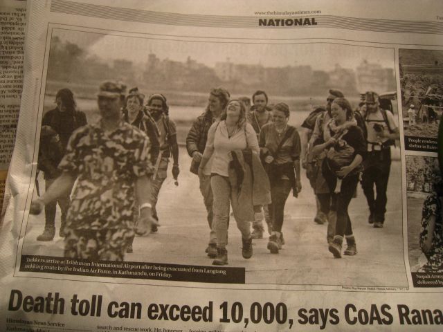 Where is Apollo? Behind the laughing woman? Do you see him? This morning in The Himalayan. With a subtext; Happy Trekkers arrive in Kathmandu.