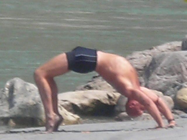 student in advanced camelposition at the Ganga